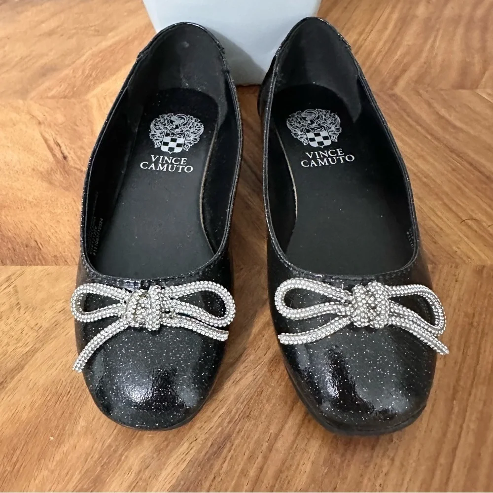 Vince Camuto Little Girls Black Sparkle Ballet Flats Silver Bow SZ 13 Party EUC